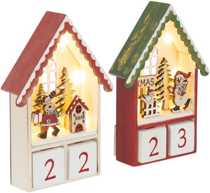 J-Line decoratie Huis Adventskalender - multiplex - rood/donkergroen - 2 stuks - LED