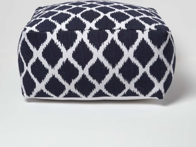 Homescapes Poef met Ikat-patroon - Vierkant, blauw en wit, 60x30 cm