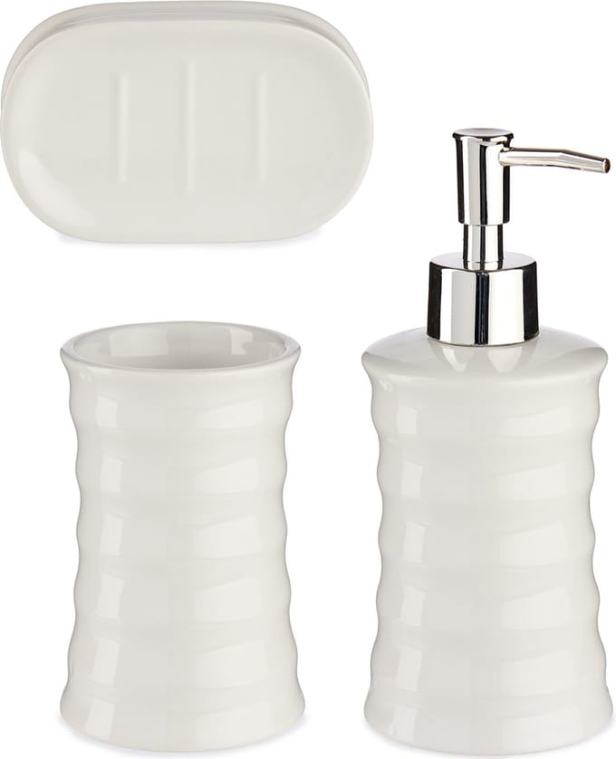 Badkamer accessoires set met strepen 3-delig creme wit van keramiek - Schaaltje - Zeeppompje - Beker