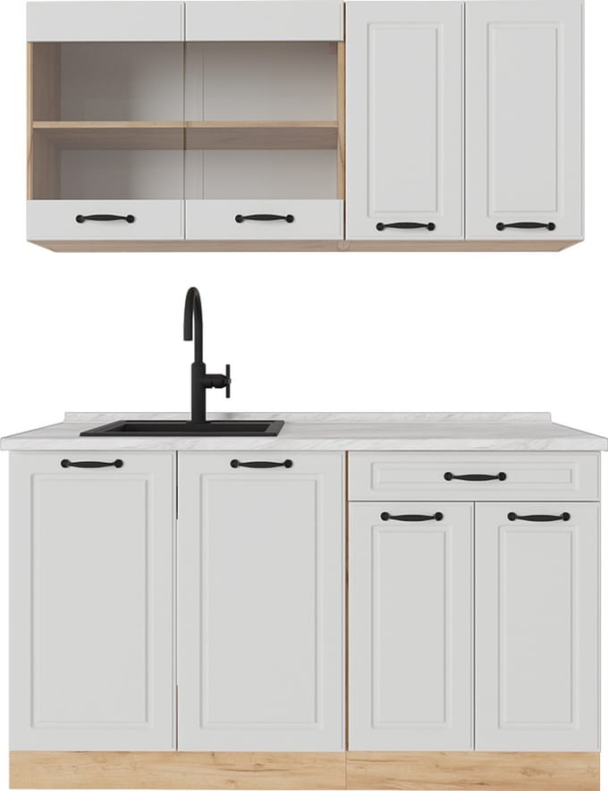 Vicco R-Line Eenpersoonskeuken – 140 cm, WB Marmer Wit landhuis/gouden eik