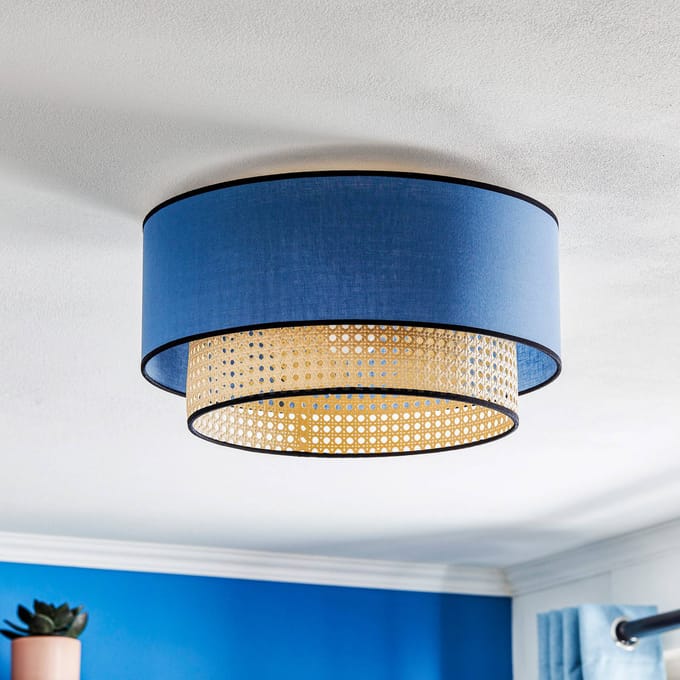 Duolla Boho-plafondlamp, blauw/hout/zwart, Ø 45 cm, textiel/rotan