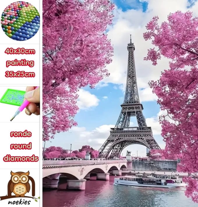 40x30cm Diamond Painting Eiffeltoren roze bos (rond) nr 218