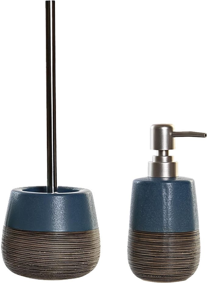 Items - Toiletborstel in houder 36 cm en zeeppompje 280 ml polystone marine blauw/jute