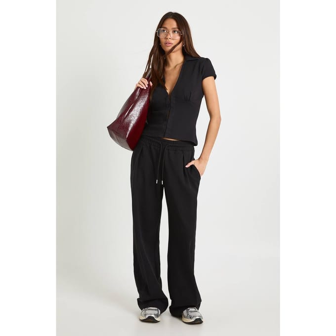 boohoo Dames Interlock wijde pijpenbroek | Zwart | Maat: 40