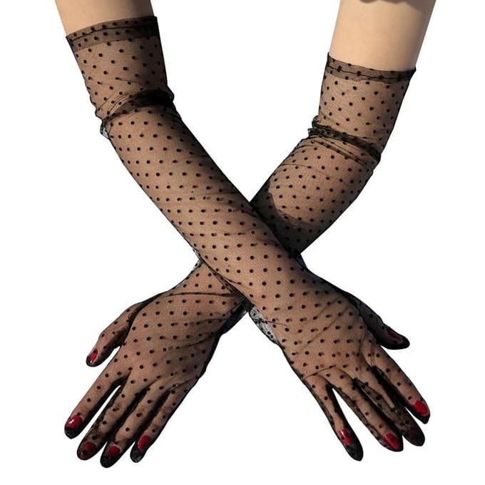 1-4 Paar Mode Dames Zwart Wit Stippen Kant Lange Tule Handschoenen Bruid Bruiloft Elastisch Volledige Vinger Transparant Dunne Dame Mesh Handschoen black