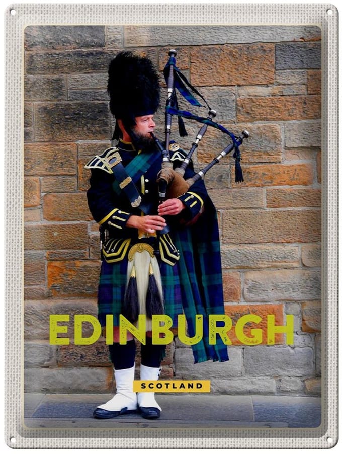Blechschild Reise 30x40cm Edinburgh Scotland Dudelsack Mann