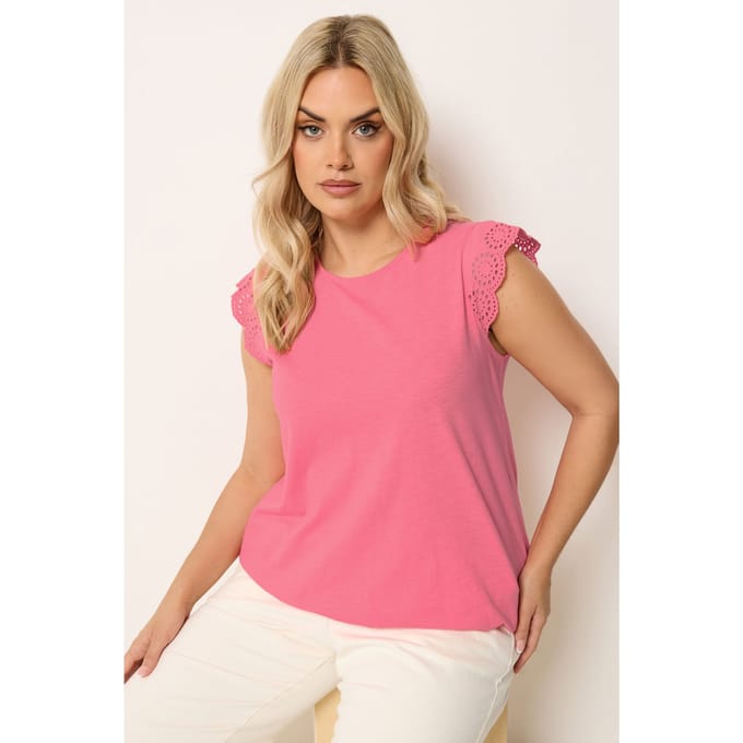 Yours Koraalroze Broderie Anglaise Top Met Ruches Size 46