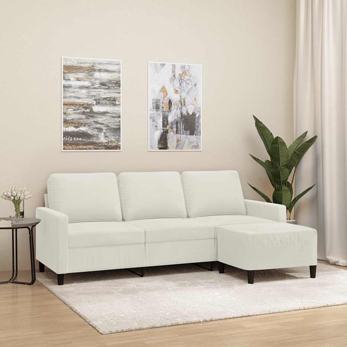 vidaXL - Driezitsbank - met - voetenbank - 180 - cm - fluweel - crèmekleurig