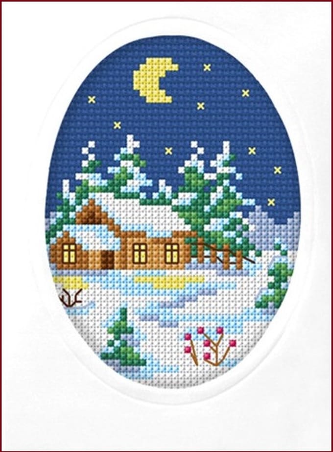 Borduurpakket KAART - Orchidea - Kerstdorp - inclusief envelop en passepartout