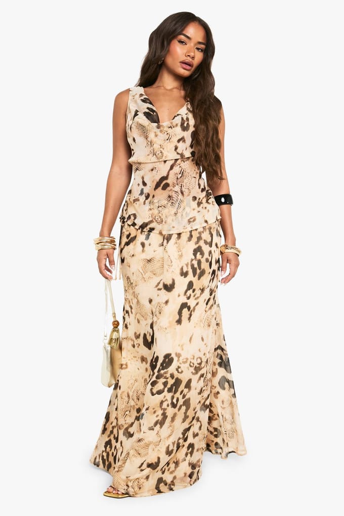 boohoo Dames Animal Chiffon Top met draperende hals | Dierenprint | Maat: 34