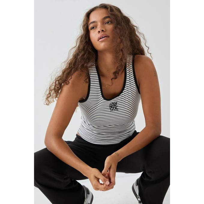 Dames DSGN Studio Square Script Geborduurd Gestreept Ribboord Tank Vest Top | Zwart | Maat: XS