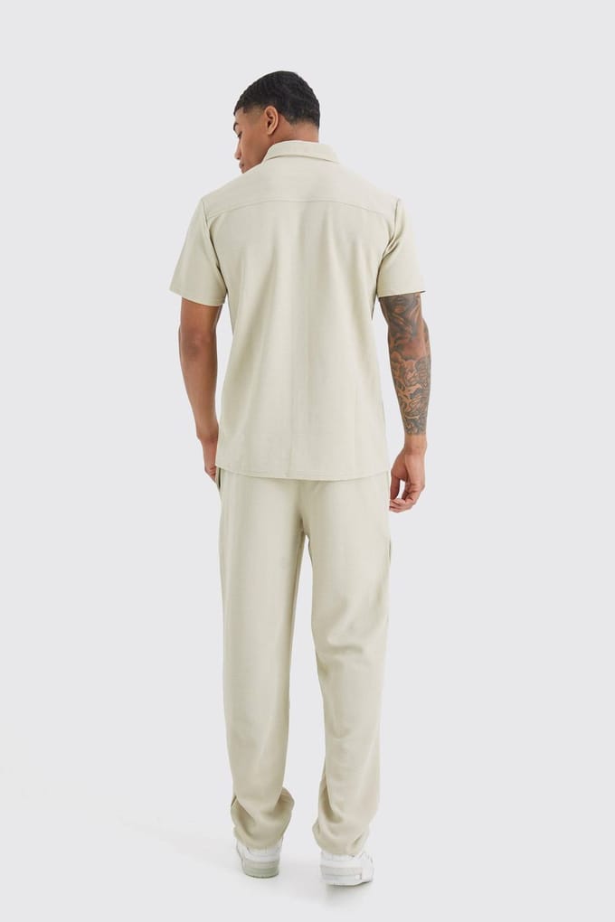 Short Sleeve Jersey Herringbone Shirt & Trouser Set | Stone | Size Medium
