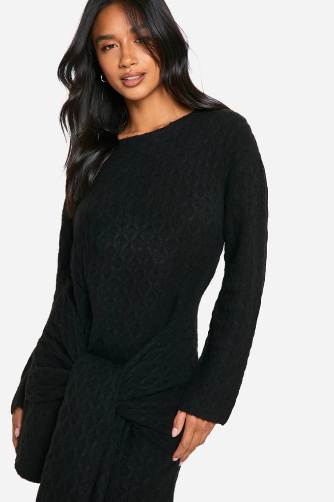 boohoo Dames Petite Soft Cable Oversized Tie Detail Gebreide Mini Jurk | Zwart | Maat: Medium