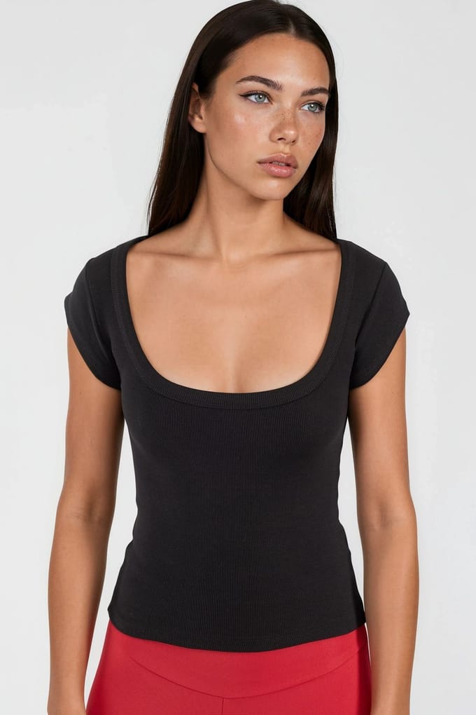 Slim Fit Ribbel U-Hals Blouse