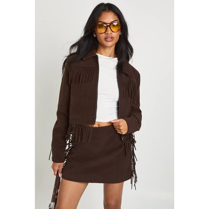 boohoo Dames Tassel Wool Look Minirok | Chocolate | Maat: 8
