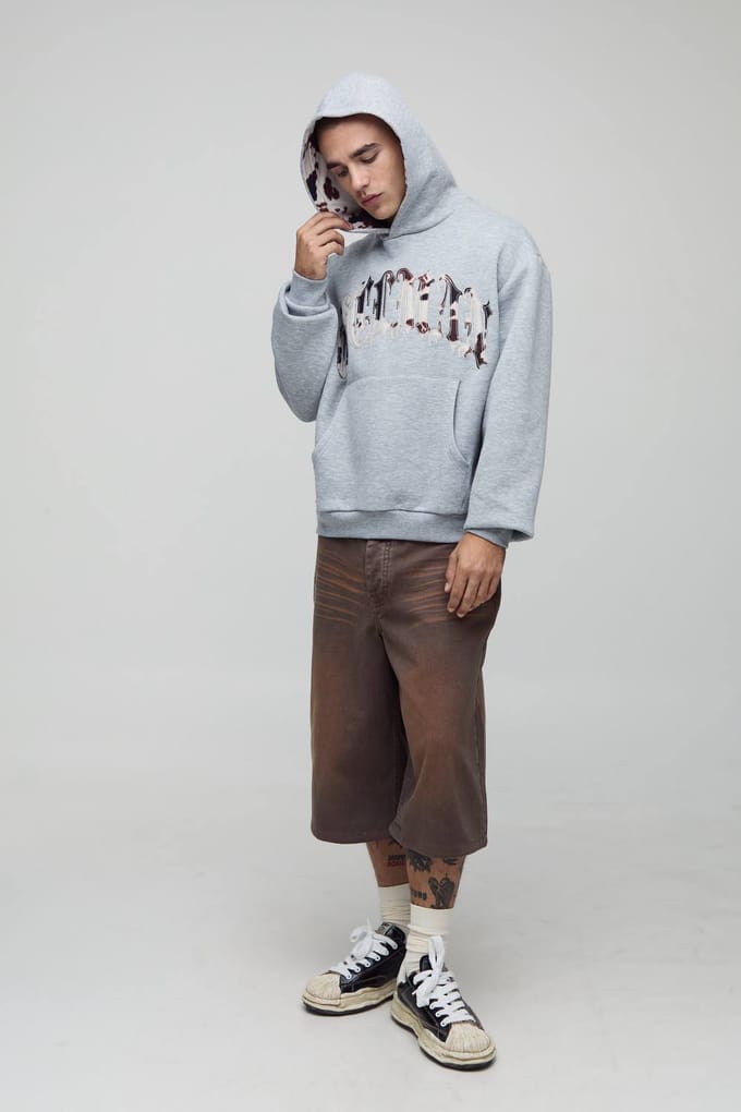 Oversized boxy Ofcl hoodie met koeienprint applique hoodie | Grey Marl | Size Medium