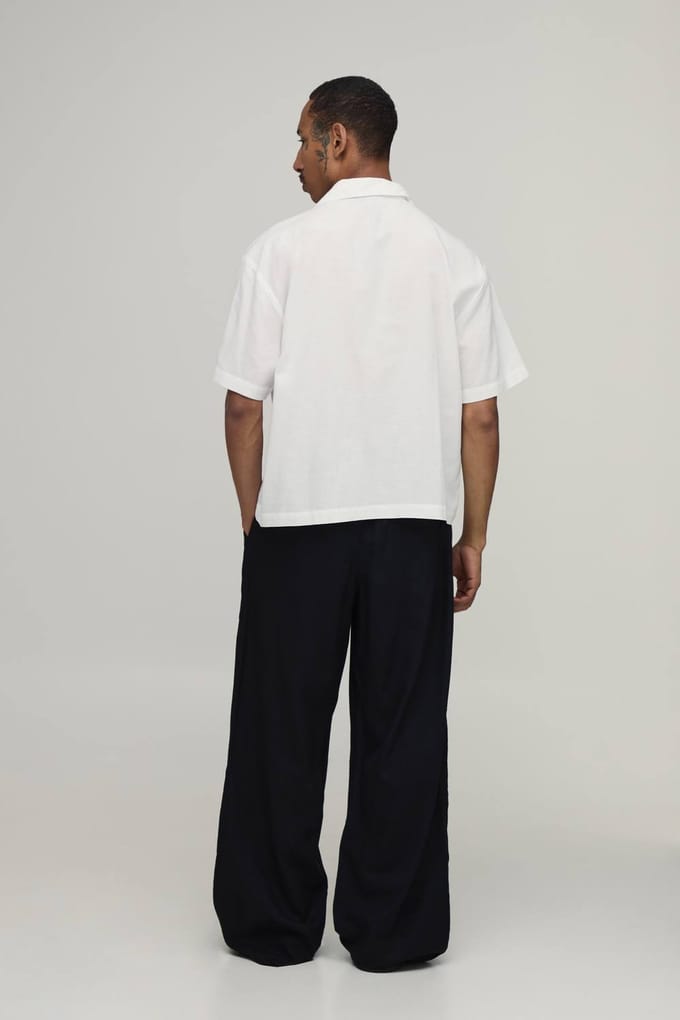 Wijde Linnen Blend Broek Met Geborduurd Naaddetail | Black | Size Large