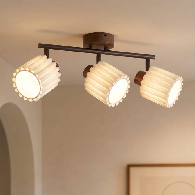 Lindby - buitenspot - 3lichts - walnoothout, linnen - H: 17 cm - E14 - Donker hout, beige