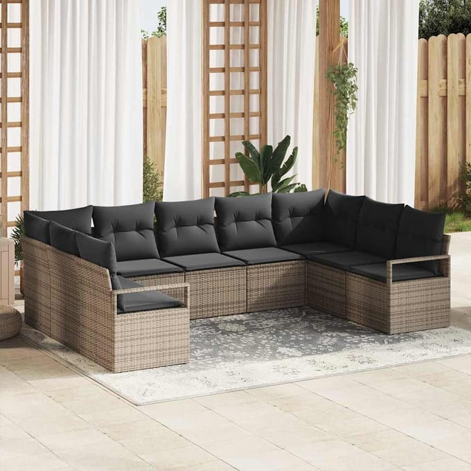 vidaXL Tuinbank Set met kussen met opslag 9 pcs Grijs poly rattan