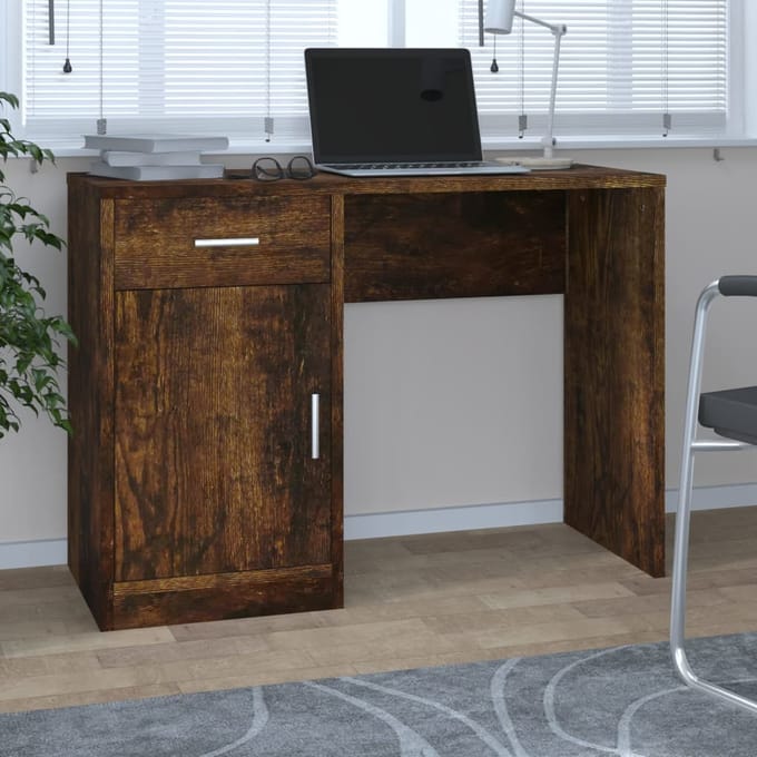 vidaXL - Bureau - met - kast - en - lade - 100x40x73 - cm - bewerkt - hout - gerookt - eiken