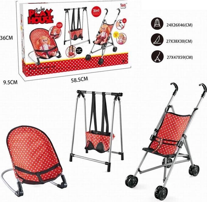 poppenset 3in1 wandelwagen, relax en poppenschommel in rood