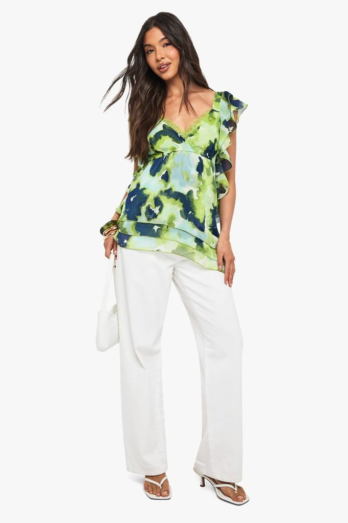 boohoo Dames Floral chiffon asymmetrische ruches blouse | Green | Maat: 8