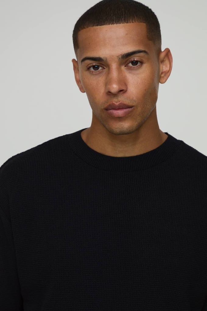 Regular Fit Waffle Knitted T-Shirt | Black | Size Small