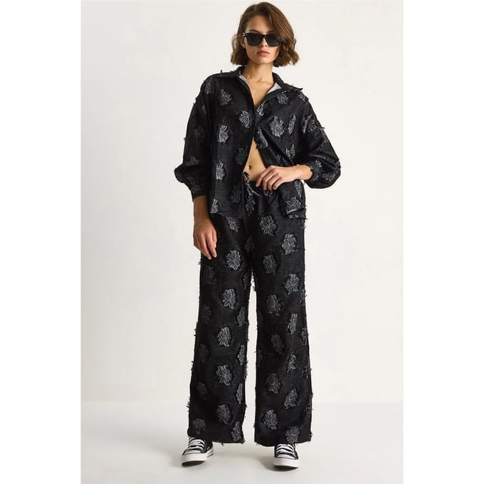 Geborduurd Overdimensionaal Shirt en Brede Pantalon Co-Ord Set