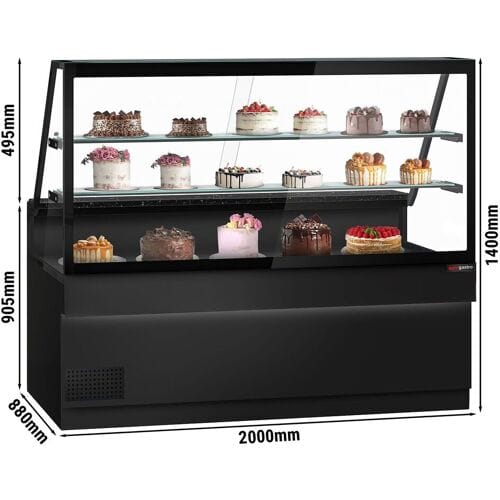 GGM Gastro Koeltoonbank TORONTO - 2000x880mm - kleur zwart - dubbel glas - opstand - met 2 legborden - granieten werkblad zwart