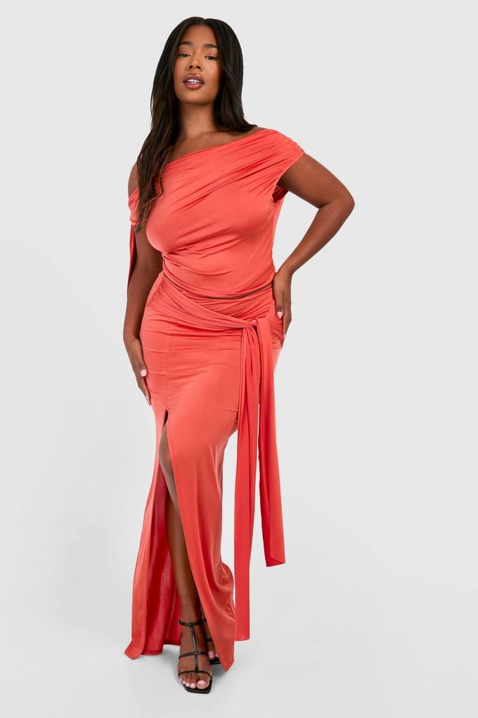 boohoo Dames Plus Tie Sleeve Asymmetrische Top | Oranje | Maat: 54