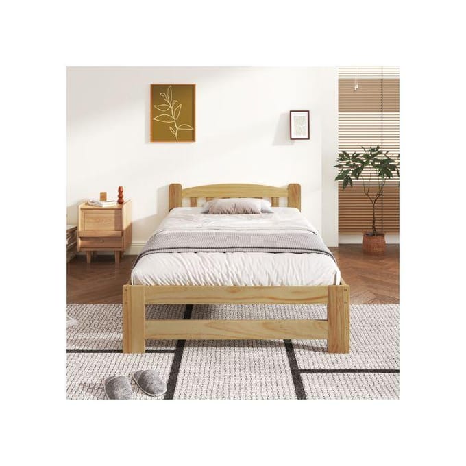 Lit simple - MUVOE - 90x200 cm - Bois massif naturel - Tête de lit élégante - Construction robuste naturel