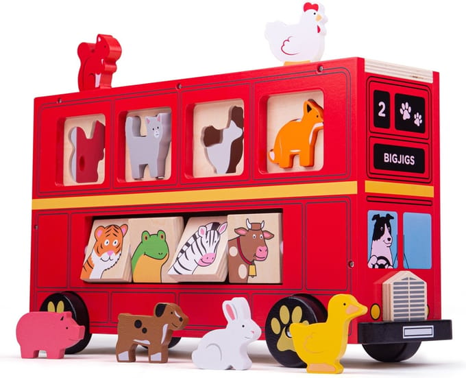 Bigjigs Wooden Shape Sorter Red Animal Bus - 21 pcs.