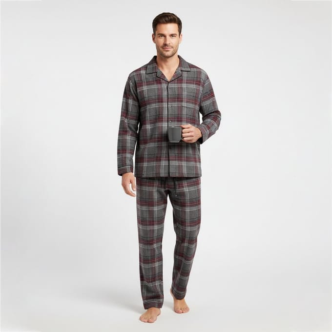 La V Flanel pyjamaset voor heren met geruit patroon Grijs - bordeaux rood S