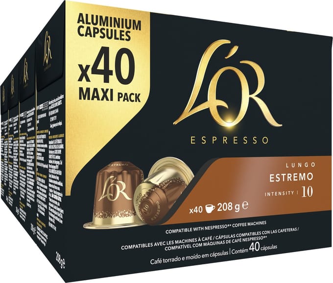 L'OR Lungo Estremo Koffiecups - Intensiteit 10/12 - 4 x 40 capsules