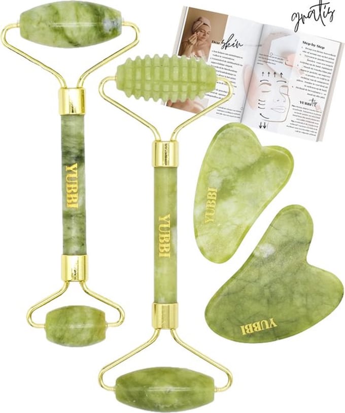 YUBBI Jade Gua Sha Set - Groene Jade Gezichtsroller - Schraper - Gezichtsverzorging - 4 Stuks - Inclusief Instructies