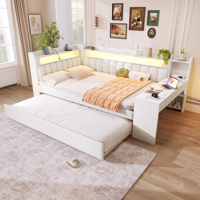 Sweiko Slaapbank - 140 x 200 cm - USB-poorten - LED-verlichting - Met uitschuifbaar bed - Bureau - Wit