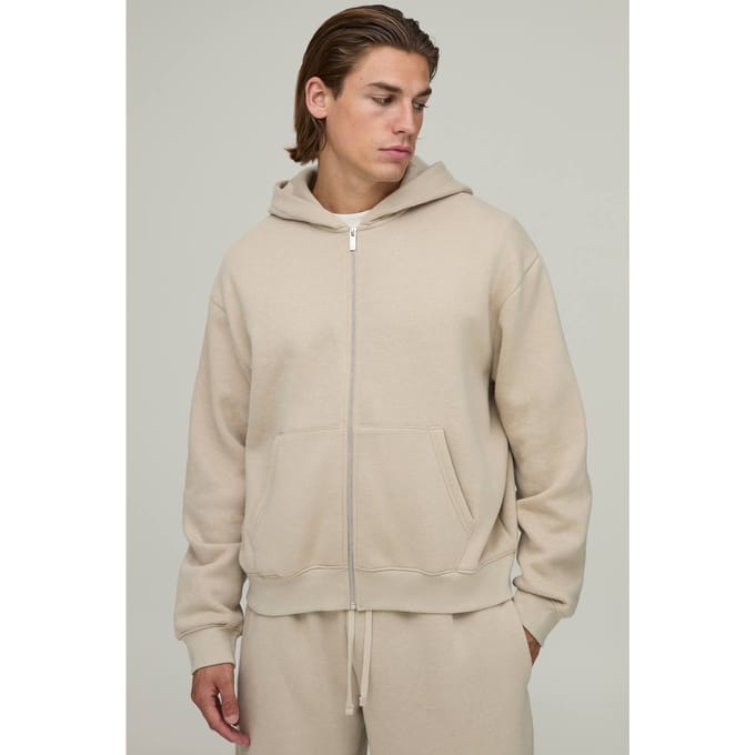 Essential Oversized Boxy Zip Through Hoodie | Stone | Size Large