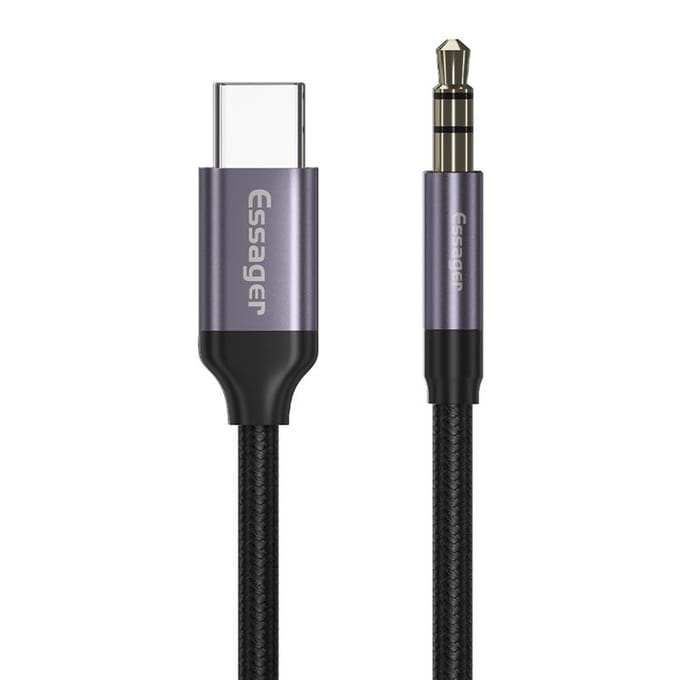 Essager® USB-C naar 3.5mm Jack Aux Kabel DAC Connector 1 meter Grijs -USB C naar 3.5mm Audio Jack | USB C Aux Adapter | 3.5mm Audiojack | 2-in-1 | Type USB-C | USB-C Charge | Adapter | Smartphone 3.5 Audio Jack