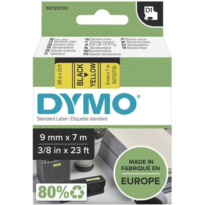 DYMO D1 Labels 9mm x 7m Roll Zwart Print on Geel Self-Adhesive Labels for LabelManager Label Printers Authentic