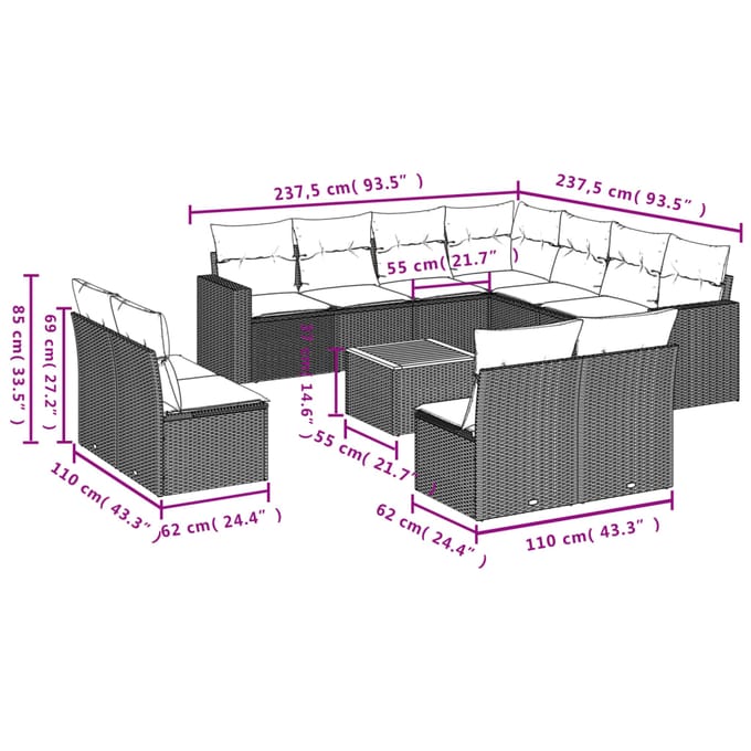 vidaXL - 12-delige - Loungeset - met - kussens - poly - rattan - beige