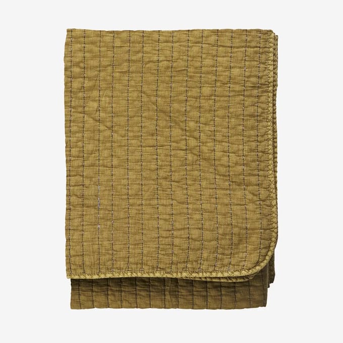 Madam Stoltz - Doorgestikte Katoenen Plaid - Mosterd goud - 130x180 cm