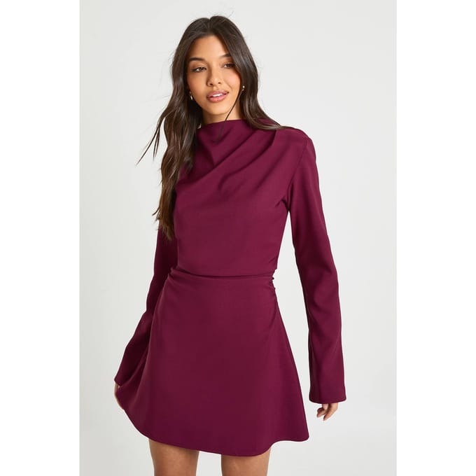 boohoo Dames Langmouwige geraffleerde hoge hals shiftjurk | Bordeaux Rood | Maat: 38