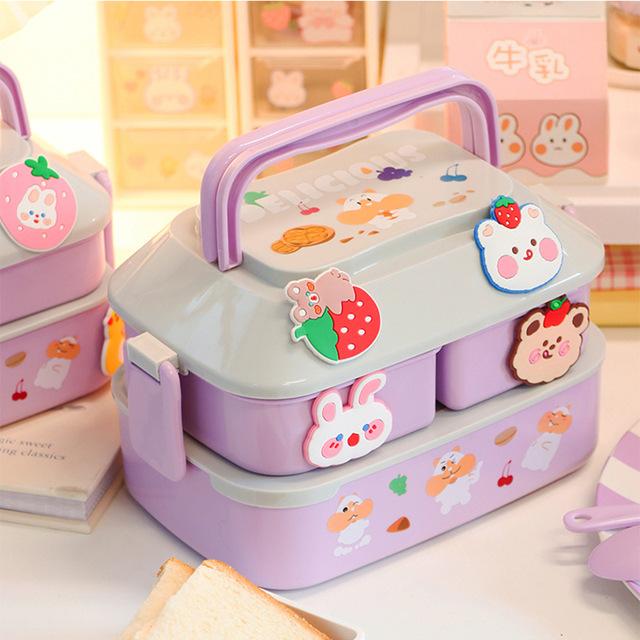Kawaii Draagbare Lunchbox Voor Meisjes School Kinderen Plastic Picknick Bento Box Magnetron Voedseldoos Met Compartimenten Opslagcontainers beige