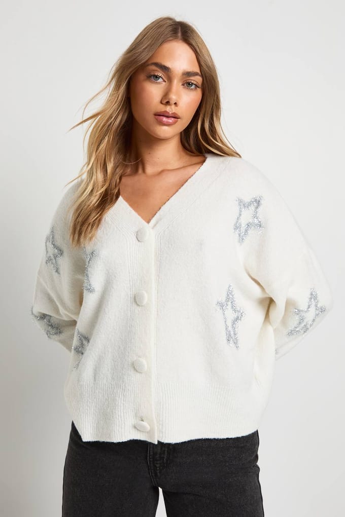 boohoo Dames Star Tinsel Print Oversized Gebreide Cardigan | Cream | Maat: Small