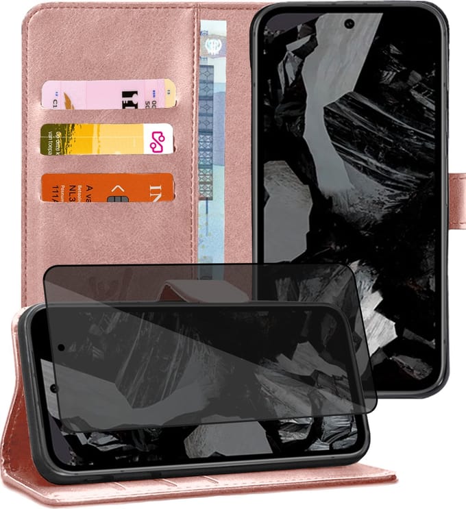 Hoesje geschikt voor Google Pixel 8a - Privacy Screenprotector Volledig Dekkend Glas - Portemonnee Book Case Rosegoud