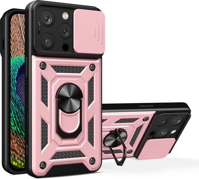 MobyDefend Hoesje - Geschikt voor iPhone 16 Pro - Pantsercase Met Draaibare Ring - Rosé