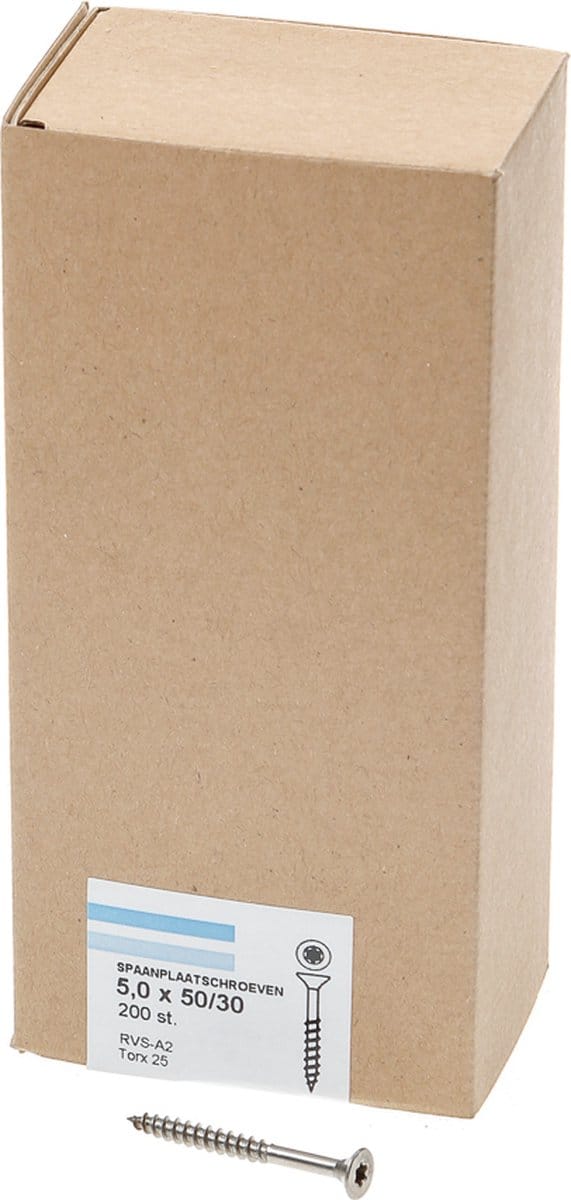 Hoenderdaal Spaanplaatschroef RVS platverzonken kop TX25 deeldraad 5.0X50/30 (per 200 stuks)