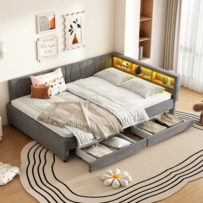 MODFU - Bedframe 140x200 cm – Grijs linnen met LED, USB/Type-C & 2 lades