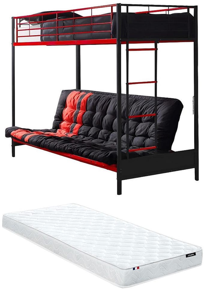 Vente-unique Hoogslaper metaal zwart, rood 90 x 190 cm