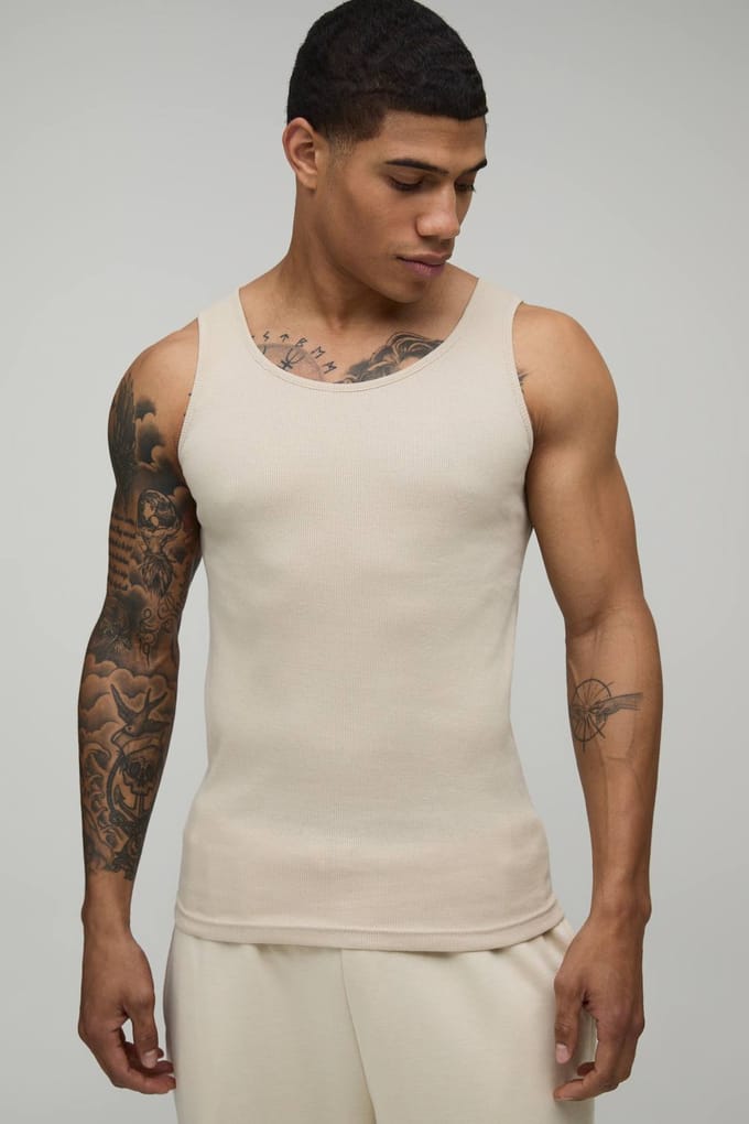 Essential Muscle Fit Ribbed Vest | Stone | Size Large